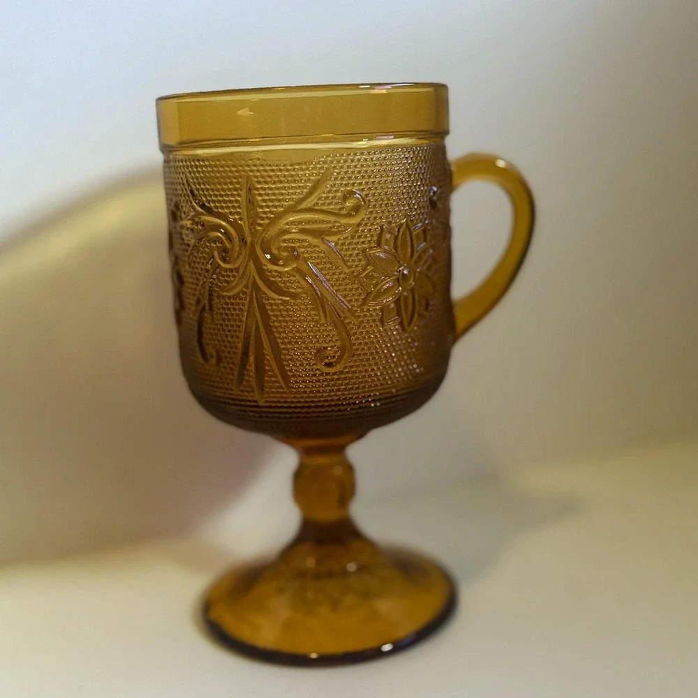 Vintage Tiara Amber Indiana Sandwich Pattern Glass Handled Goblet